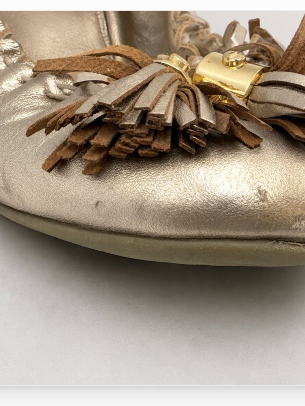 VTG Tory Burch Minnie Tassel Ballet Flats Metallic Gold Leather Sz 8 Flawed - Picture 4 of 7